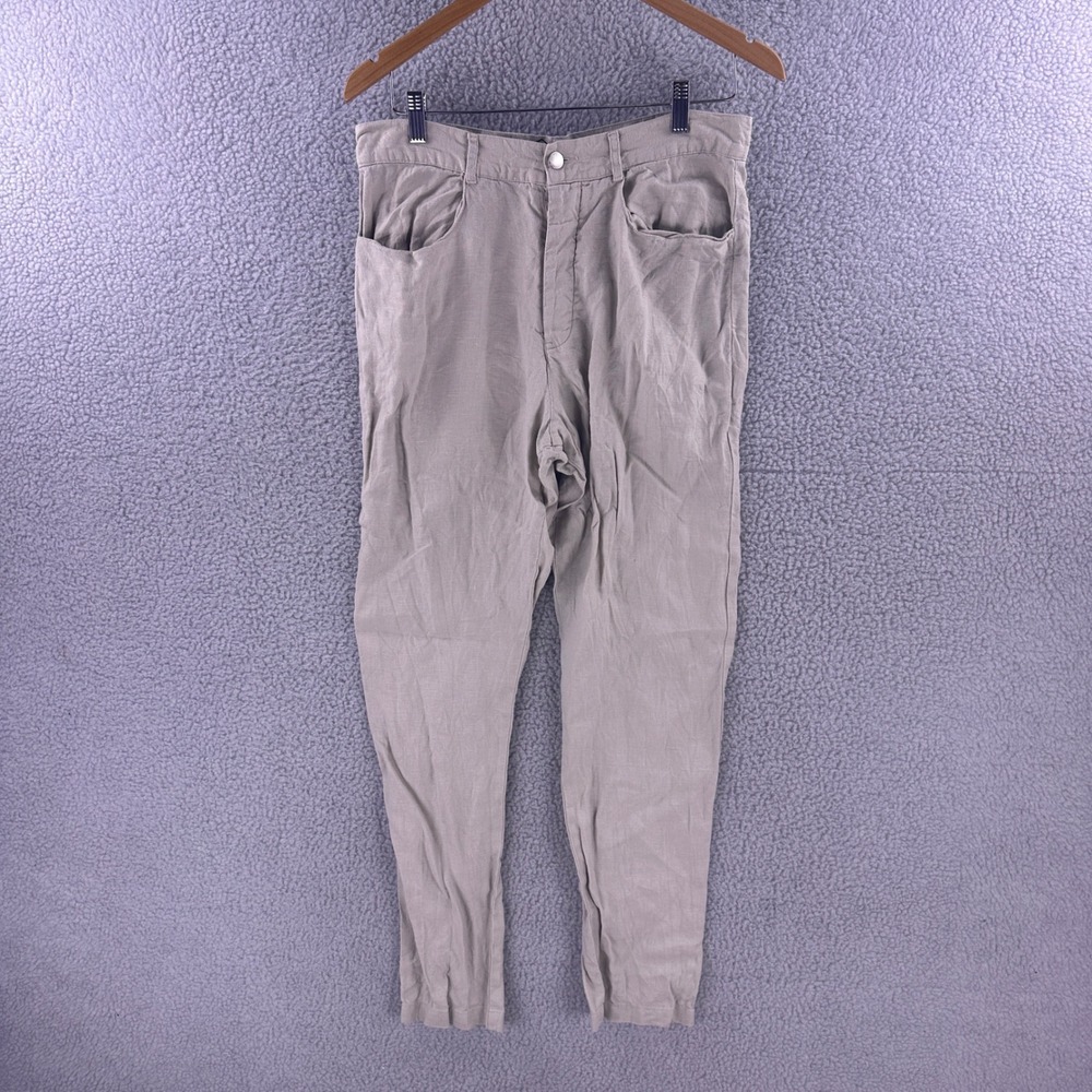 Alex Crane Cham Pants Mens 31 Beige 100% Linen Tapered Trousers Light Grey